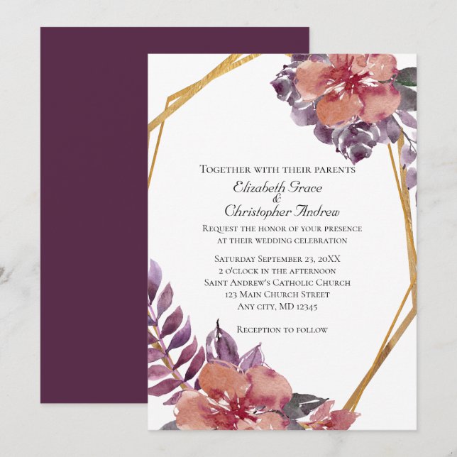 Invitation Pink Rose Flora Aquarelle or Mariage (Devant / Derrière)