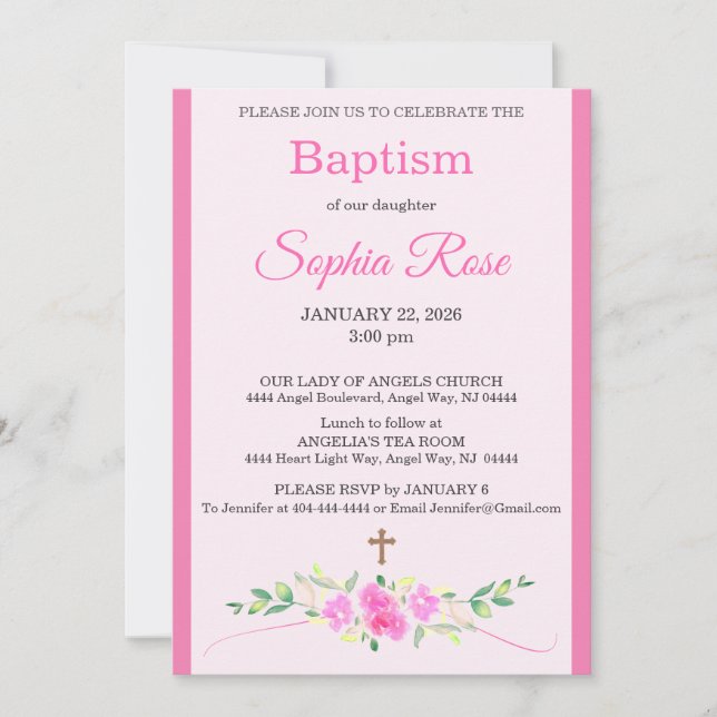 Invitation Pink Rose Floral Watercolor Cross Stripe Baptism (Devant)