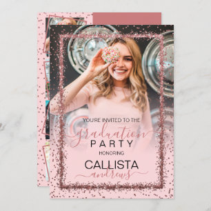 Invitation Pink Rose Gold Confetti Frontière photo Graduation