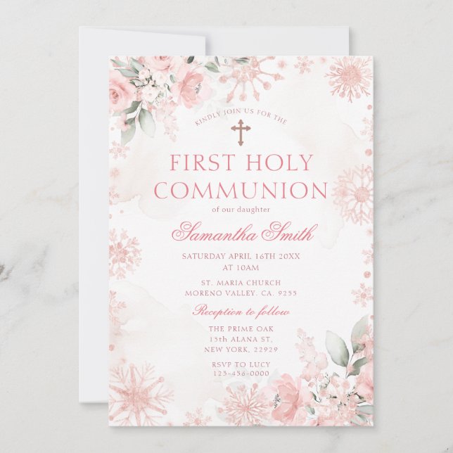 Invitation Pink Rose Gold Floral Winter First Holy Communion (Devant)