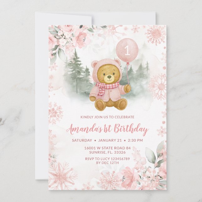 Invitation Pink Rose Gold Winter Bear Balloon 1st Birthday (Devant)