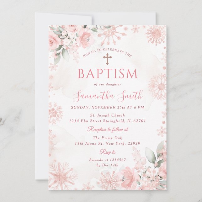 Invitation Pink Rose Gold Winter Floral Cross Girl Baptism (Devant)
