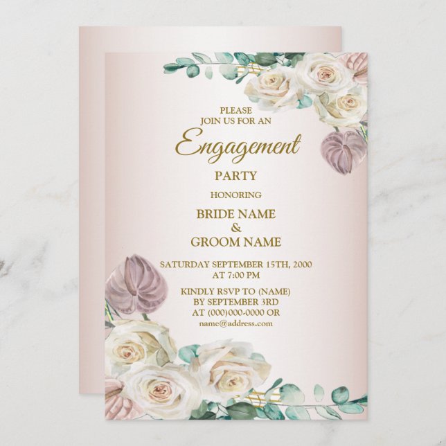 Invitation Pink Rose Watercolor Greenery Golden Engagement (Devant / Derrière)