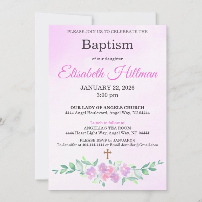 Invitation Pink Rose Watercolor Ombre Cross Baptism (Devant)