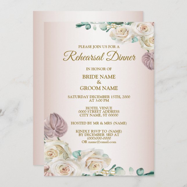 Invitation Pink Rose Watercolor Wedding Rehearsal Dinner (Devant / Derrière)