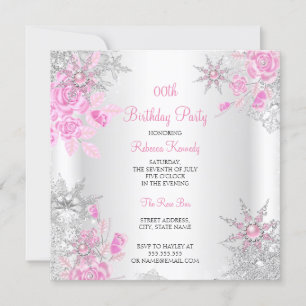 Invitation Pink Rose Winter Wonderland Snowflakes Party