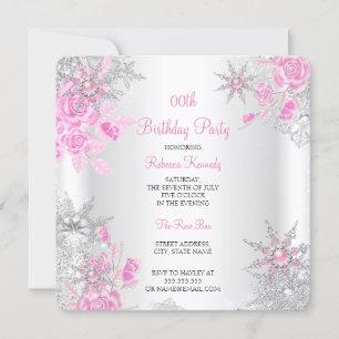 Invitation Pink Rose Winter Wonderland Snowflakes Party