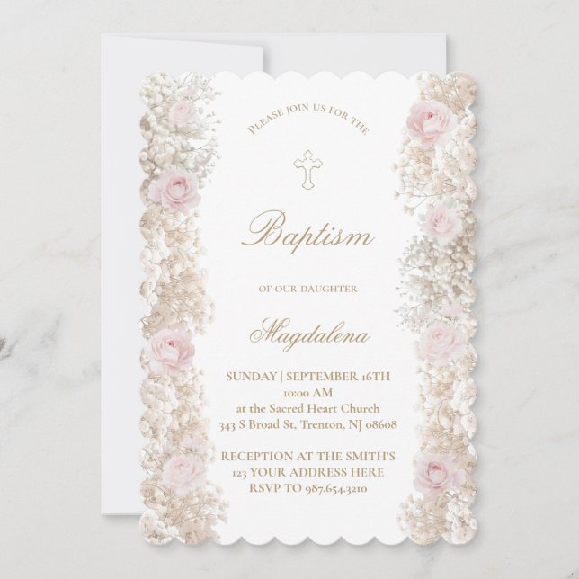 Invitation Pink roses and Baby's Breath flowers Baptism (Devant)