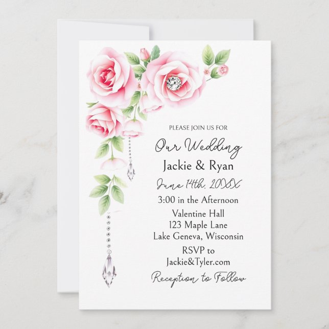 Invitation Pink Roses and Diamonds Floral Wedding  (Devant)