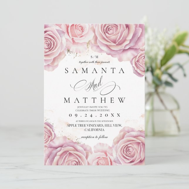 Invitation Pink Roses and Gold Dust Elegant Flower Wedding  (Debout devant)