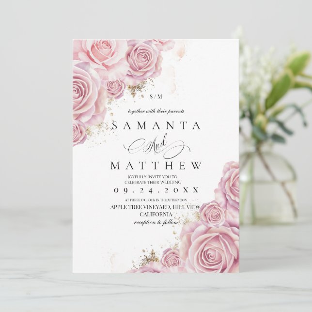 Invitation Pink Roses and Gold Dusty Elegant Flower Wedding  (Debout devant)
