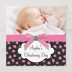 Invitation Pink Roses Baby Girl Photo Christening