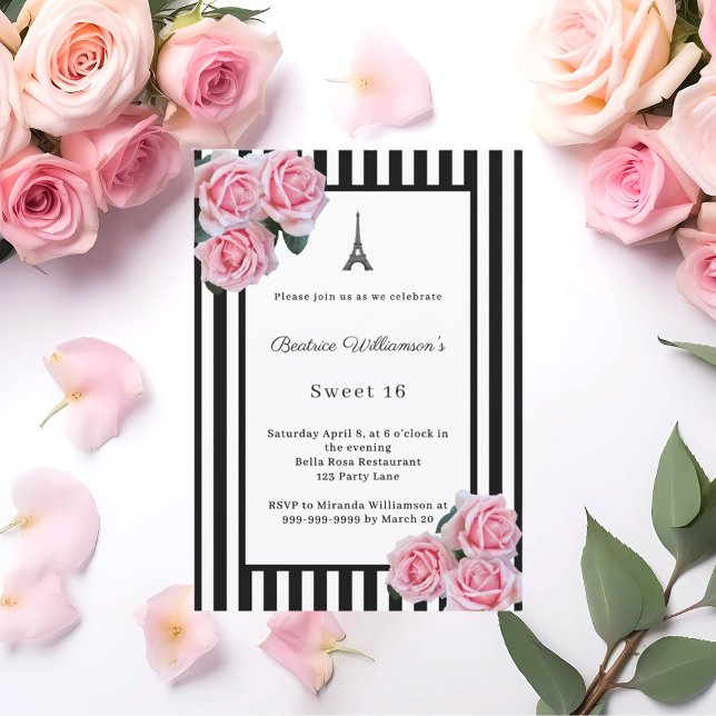 Invitation Pink roses black white stripes Paris Sweet 16 (Créateur téléchargé)