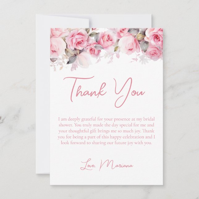 Invitation Pink Roses Bridal Shower Thank You Card (Devant)