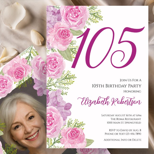 Invitation Pink Roses Custom Photo Template 105th Birthday (Créateur téléchargé)