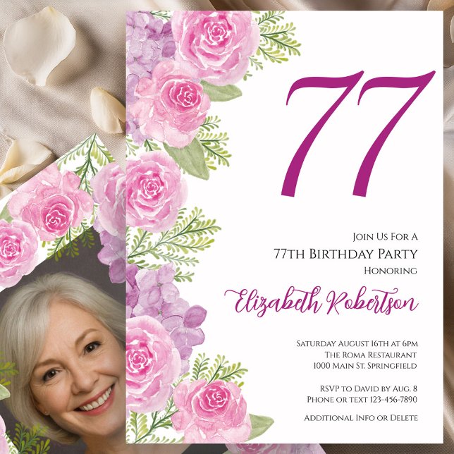 Invitation Pink Roses Custom Photo Template 77th Birthday (Créateur téléchargé)