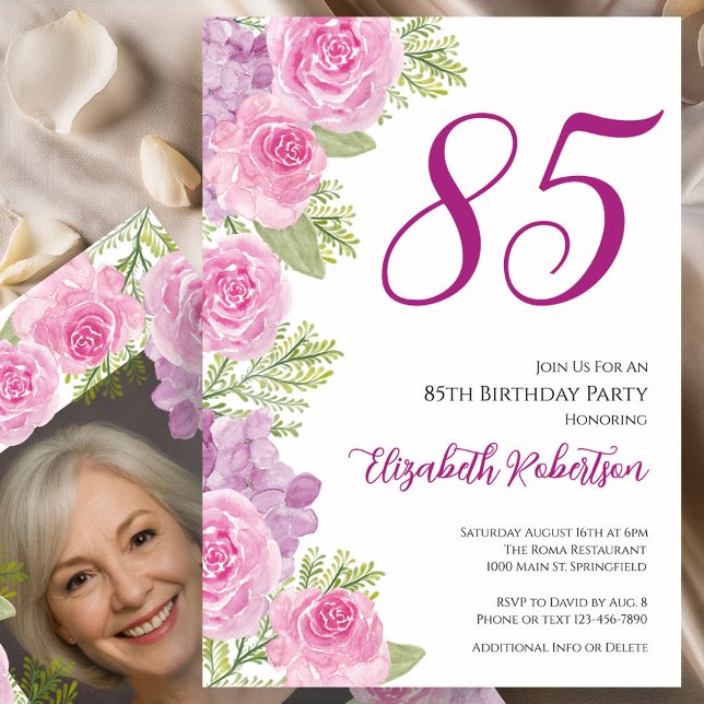 Invitation Pink Roses Custom Photo Template 85th Birthday (Créateur téléchargé)