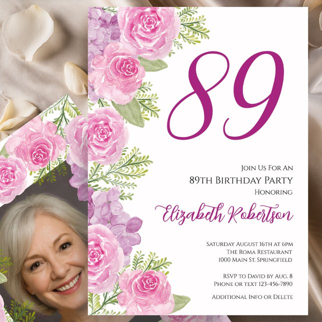 Invitation Pink Roses Custom Photo Template 89th Birthday (Créateur téléchargé)
