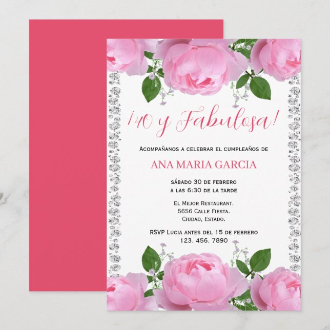 Invitation Pink Roses & Diamonds 40th Birthday Spanish (Devant / Derrière)