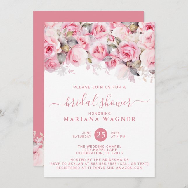 Invitation Pink Roses Floral Bridal Shower (Devant / Derrière)