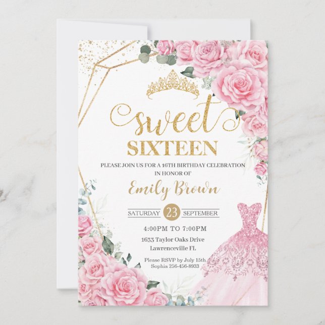 Invitation Pink Roses Floral Gold Princess Dress Sweet 16 (Devant)