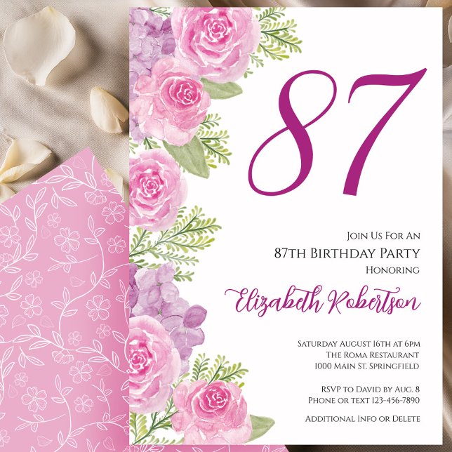 Invitation Pink Roses Floral Template 87th Birthday (Créateur téléchargé)