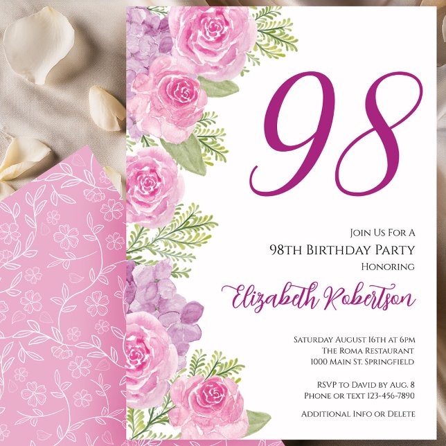 Invitation Pink Roses Floral Template 98th Birthday (Créateur téléchargé)