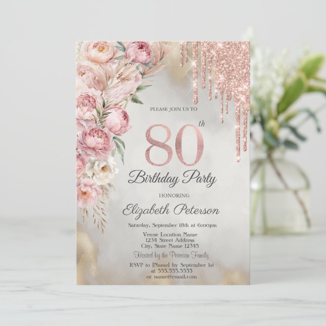 Invitation Pink Roses Glitter Drips Gold 80th Birthday   (Debout devant)