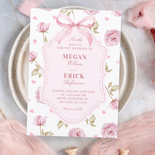 Invitation Pink roses pattern bow wedding (Créateur téléchargé)