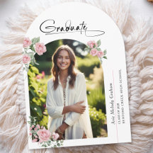 Pink Roses Script Photo Graduation Announcement