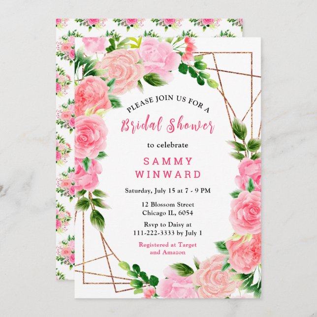 Invitation Pink Roses with Foliage Bridal Shower (Devant / Derrière)