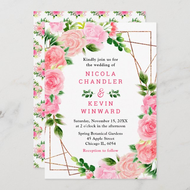 Invitation Pink Roses with Foliage Wedding (Devant / Derrière)