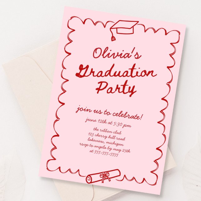 Invitation Pink Rouge Main dessinée Parti de Graduation (Créateur téléchargé)