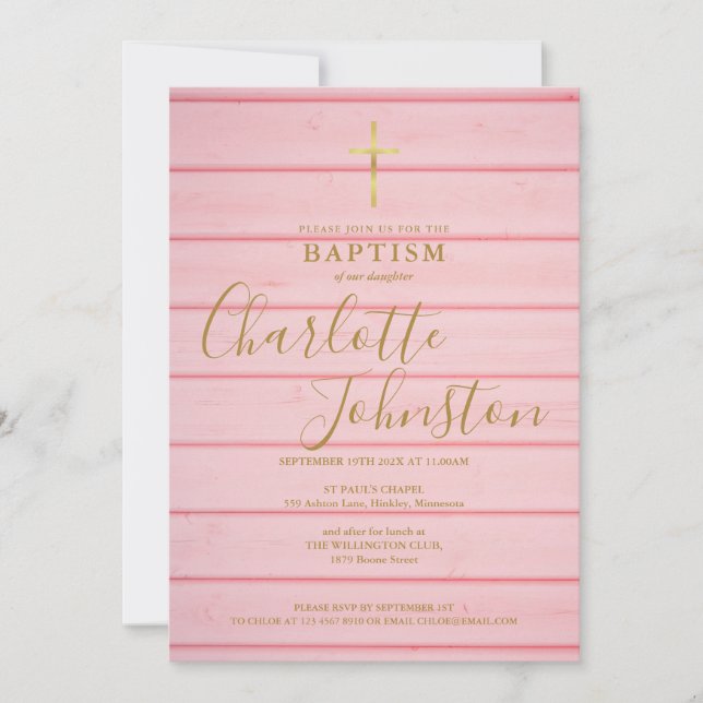 Invitation Pink Rustic Bois Script Baptême Christening (Devant)