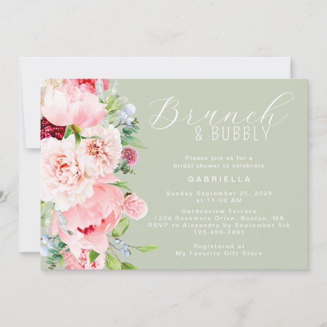 Invitation Pink Sage Green Watercolor Floral Bridal Brunch (Devant)