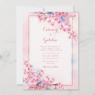Invitation Pink Sakura Blue Watercolor Bronze Frame Wedding