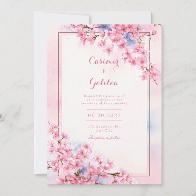 Invitation Pink Sakura Blue Watercolor Bronze Frame Wedding (Devant)