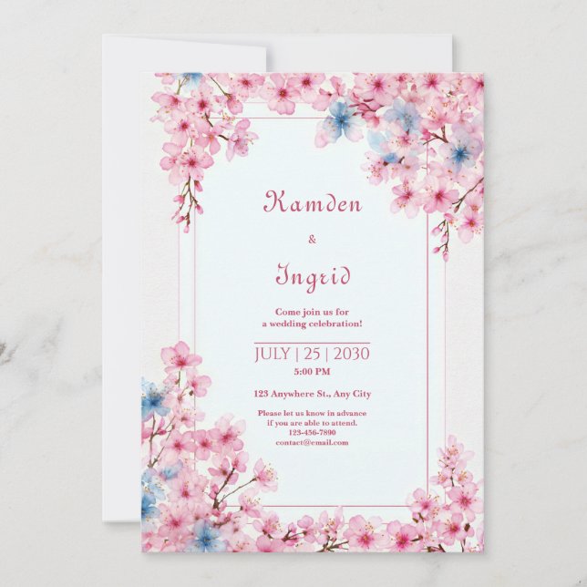 Invitation Pink Sakura Periwinkle Blue Romantic Frame Wedding (Devant)
