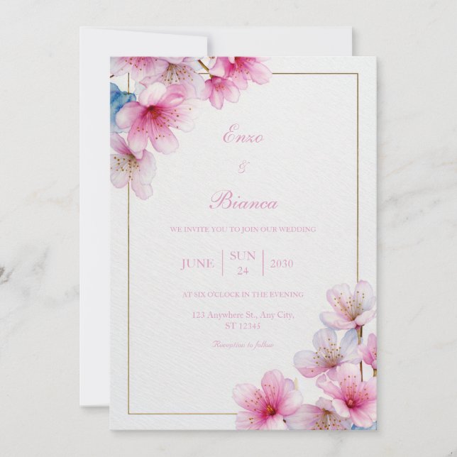 Invitation Pink Sakura Textured Paper Gold Frame Wedding (Devant)