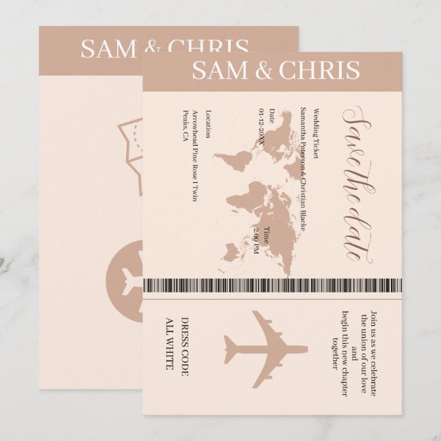 Invitation Pink Salmon Boarding Pass World Map Travel (Devant / Derrière)