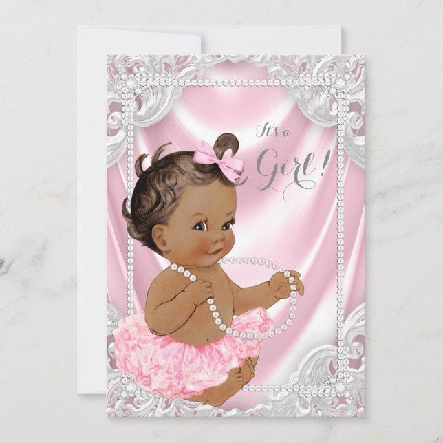 Invitation Pink Satin Pearl Ethnic Girl Baby shower (Devant)