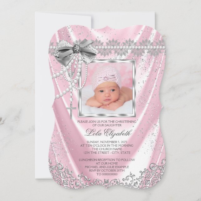 Invitation Pink Satin Photo Baptême Christening (Devant)