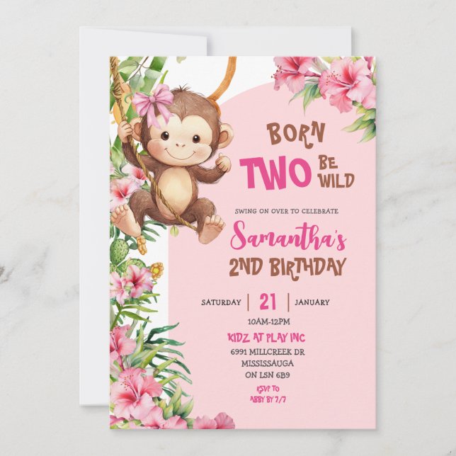Invitation Pink Savannah Monkey Born Two Be Wild 2nd Birthday (Devant)
