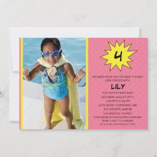 Invitation Pink Save the Day Superhero Photo Party Birthday