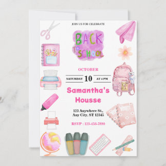 Invitation Pink School tools girl Birthday