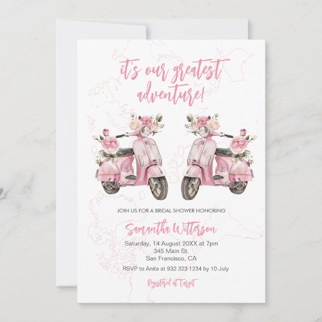 Invitation Pink Scooter plus grande Fête des mariées d'aventu (Devant)