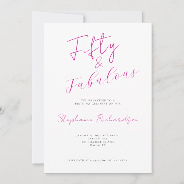 Invitation Pink Script Fifty and Fabulous 50th Birthday Party (Devant)