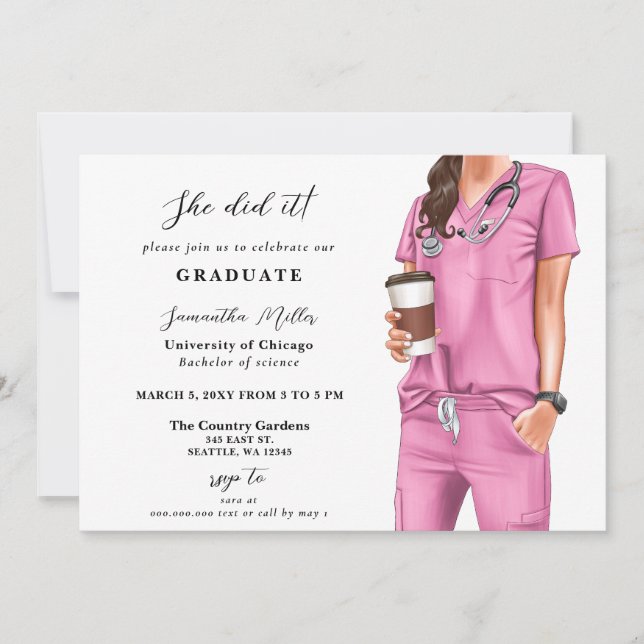 Invitation Pink Scrubs Nurse Photo Elle L'A Fait Graduation (Devant)