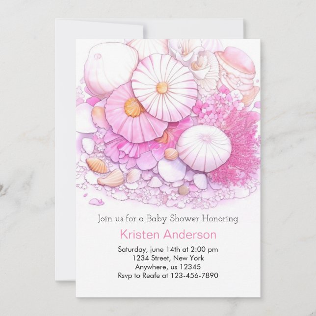 Invitation Pink Seashell Aventure Shore Girl Baby shower (Devant)