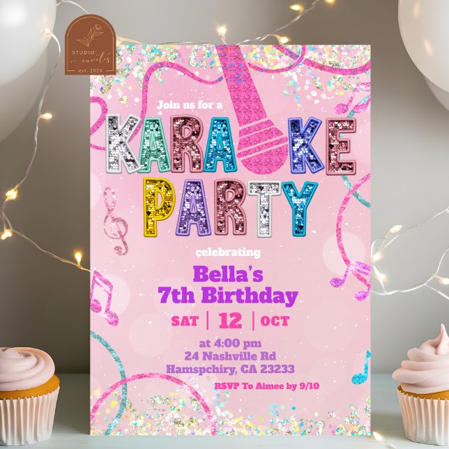Invitation Pink Sequin Glitter Karaoke Party Birthday Invitat (Créateur téléchargé)